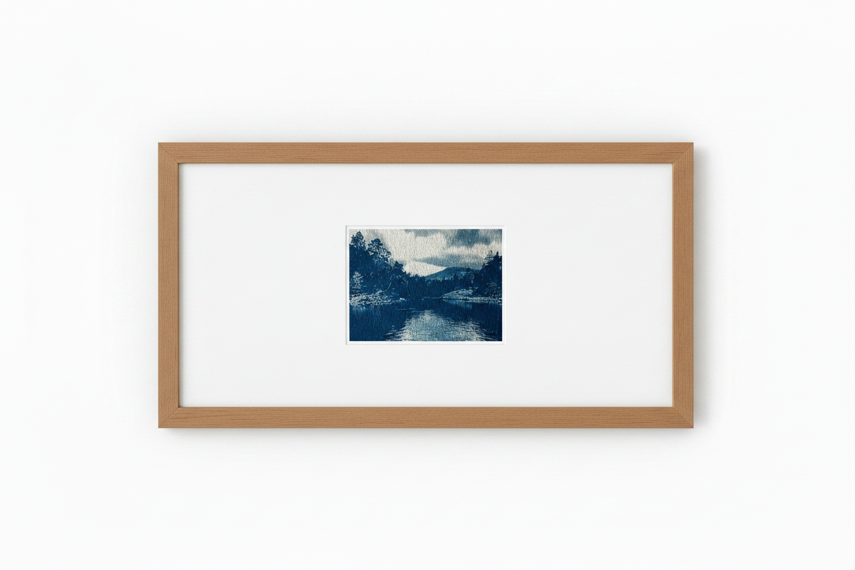 Cyanotype van het Noorse landschap bij Lesjaskog, ingelijst in brede oblong houten lijst met passepartout