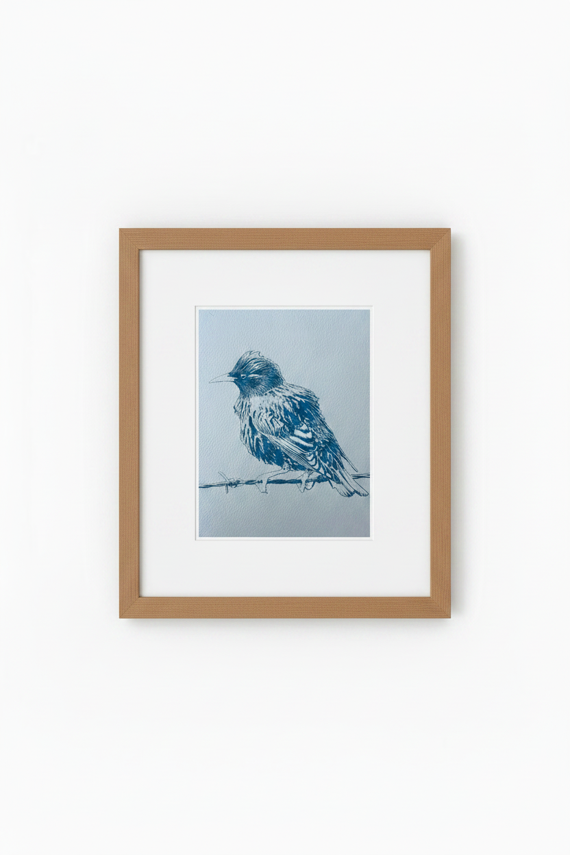 Cyanotype van een spreeuw op prikkeldraad, ingelijst in naturel houten lijst met passepartout