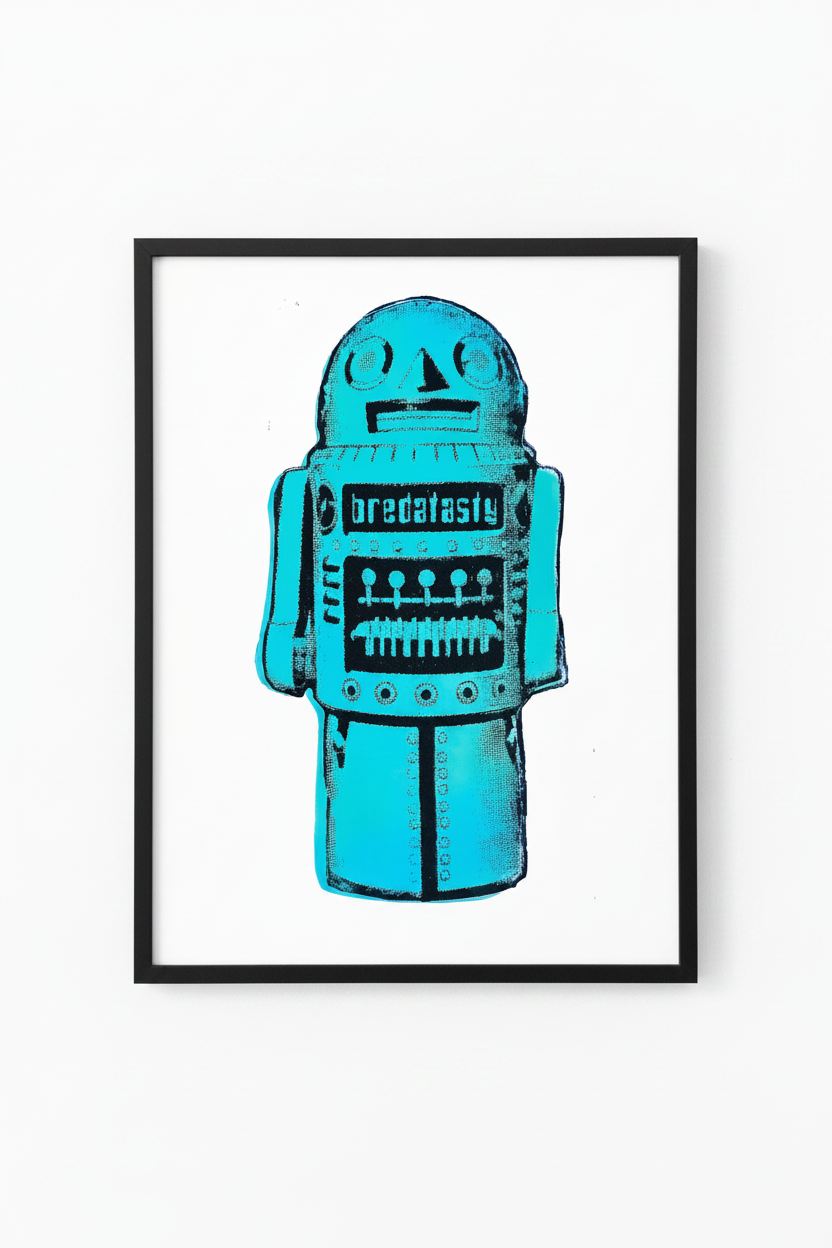Cyaan robot – strak witte achtergrond