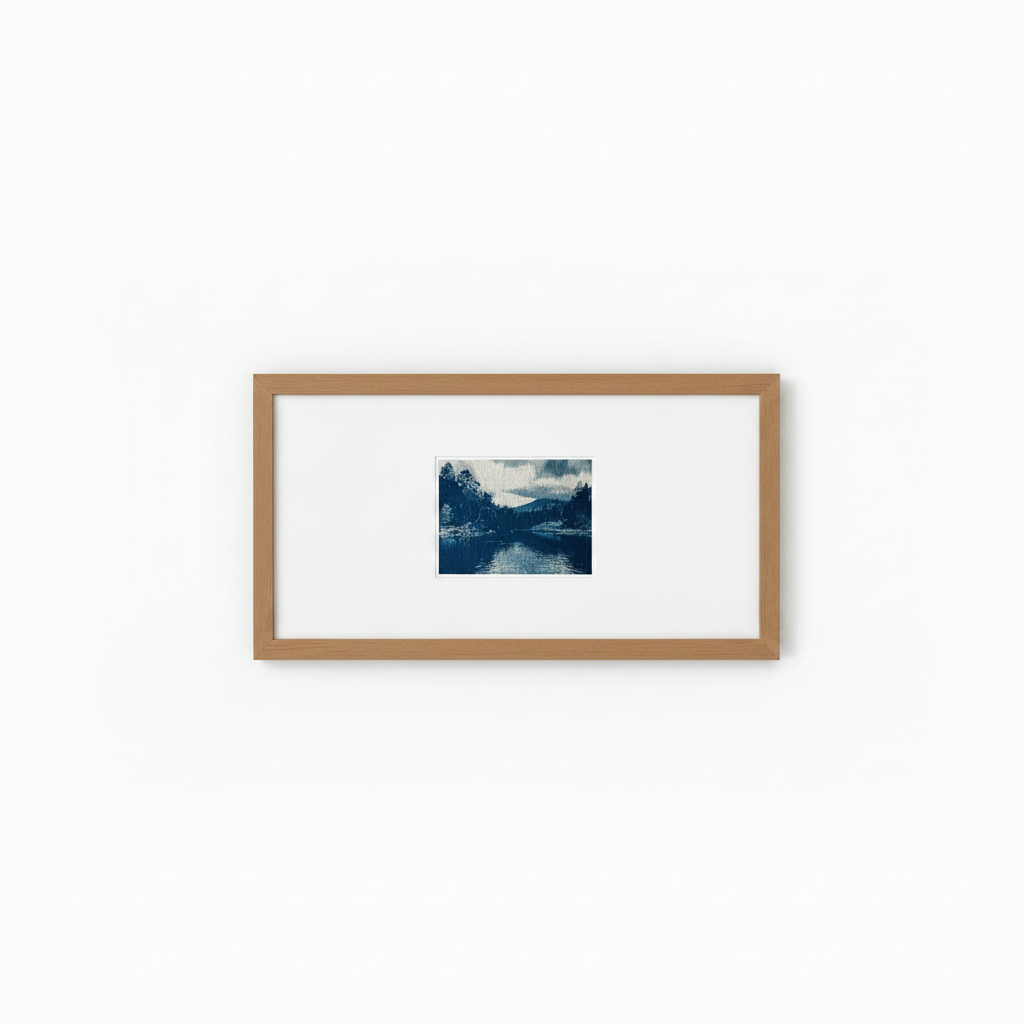 Cyanotype van het Noorse landschap bij Lesjaskog, ingelijst in naturel eiken lijst met breed passepartout
