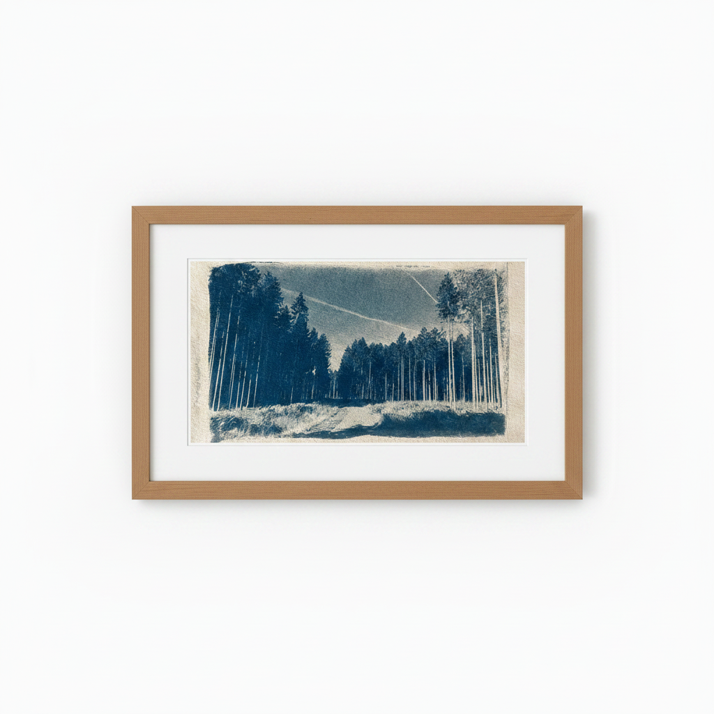 Cyanotype van een zomers bospad met hoge dennen, ingelijst in naturel eiken lijst met passepartout