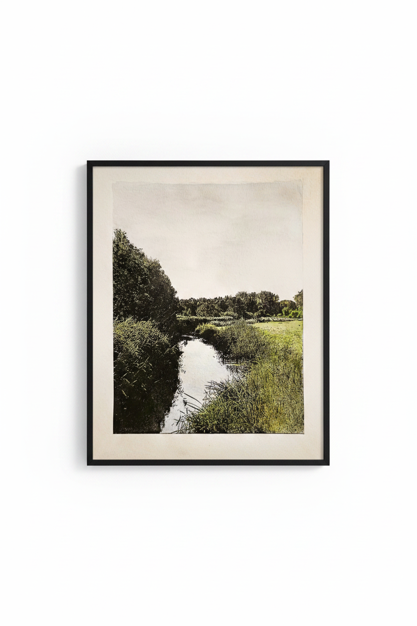 Dommeldal - mixed media print van het Dommeldal bij Waalre in zwarte lijst op witte achtergrond