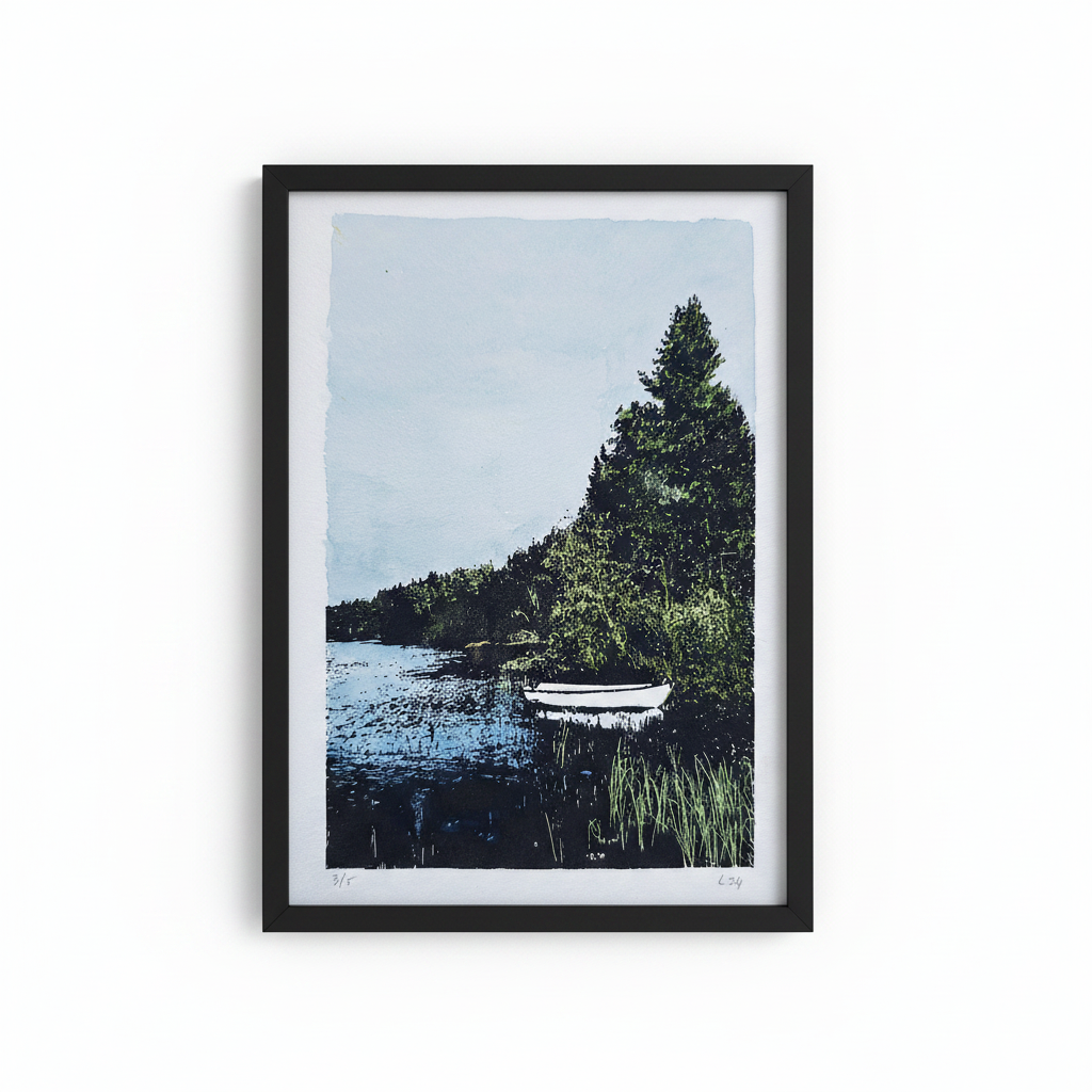 Boslandschap met bootje in zwarte lijst